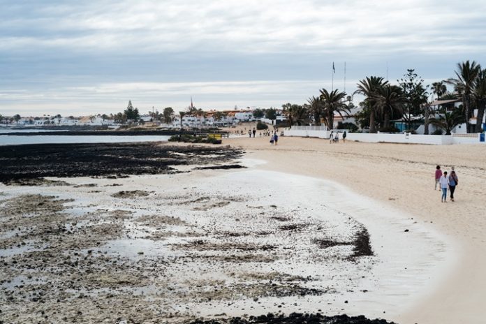 Tourists in the beach of Corralejo Bay